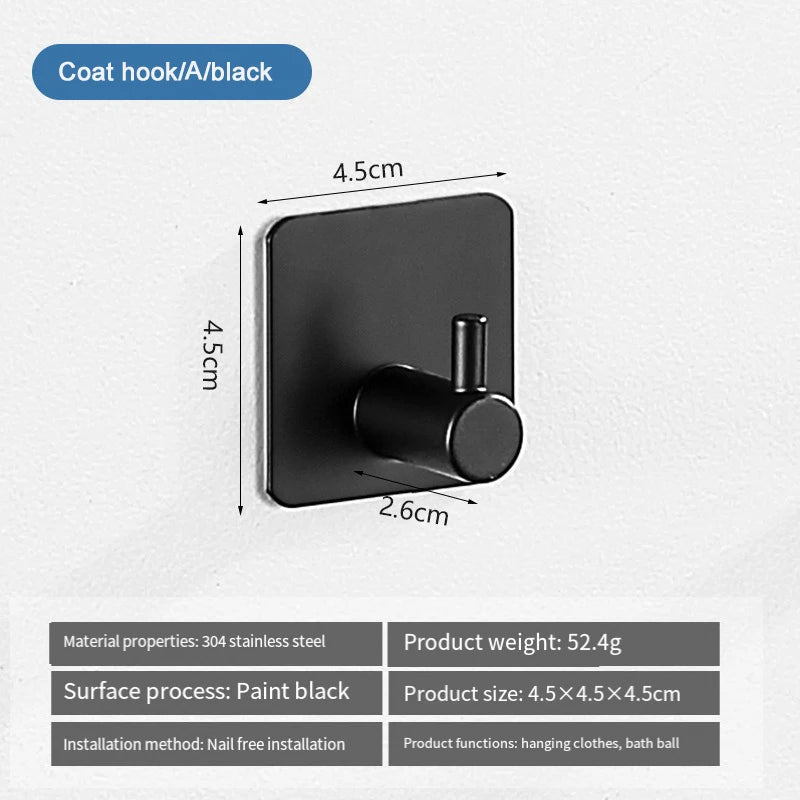 A black coat hook made of 304 stainless steel with a nail-free installation method.