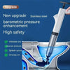A white and silver heavy-duty stainless steel plunger is shown being used in a toilet bowl.