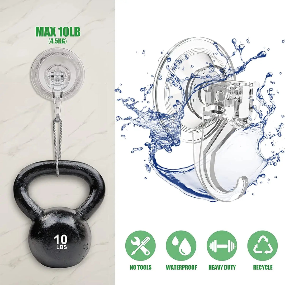 A set of ten black heavy duty suction cup hooks with clear plastic grips shown next to icons indicating no tools, waterproof,