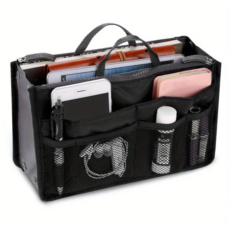 Black foldable cosmetic organizer pouch holding various makeup and personal items.