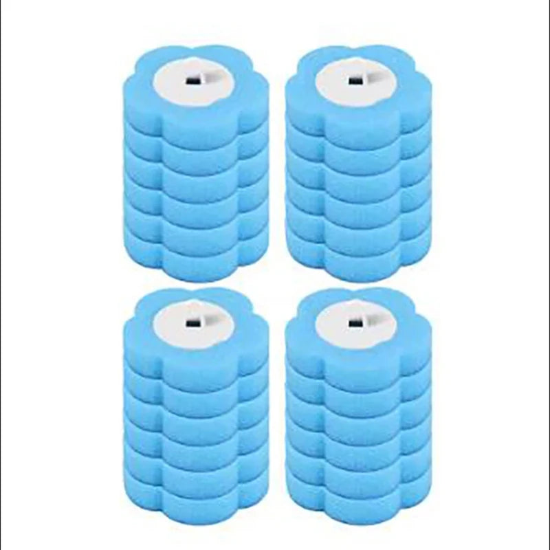 A set of four blue disposable toilet brushes with long handles.