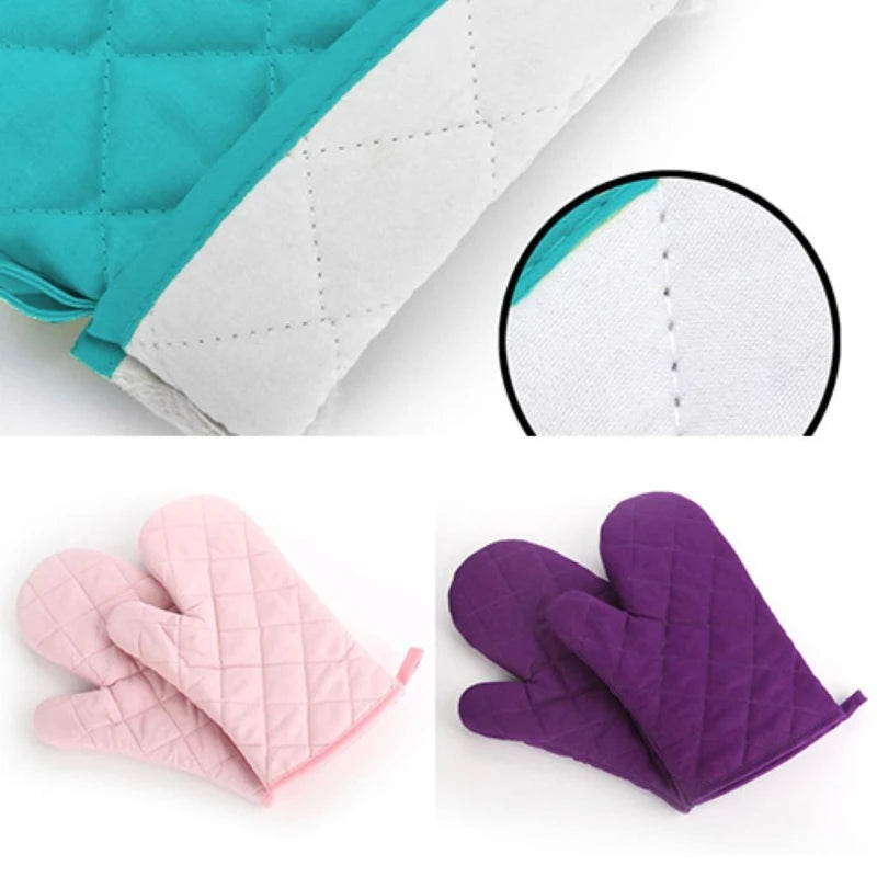 A set of heat resistant oven mitts in teal, white, pink, and purple quilted fabric.