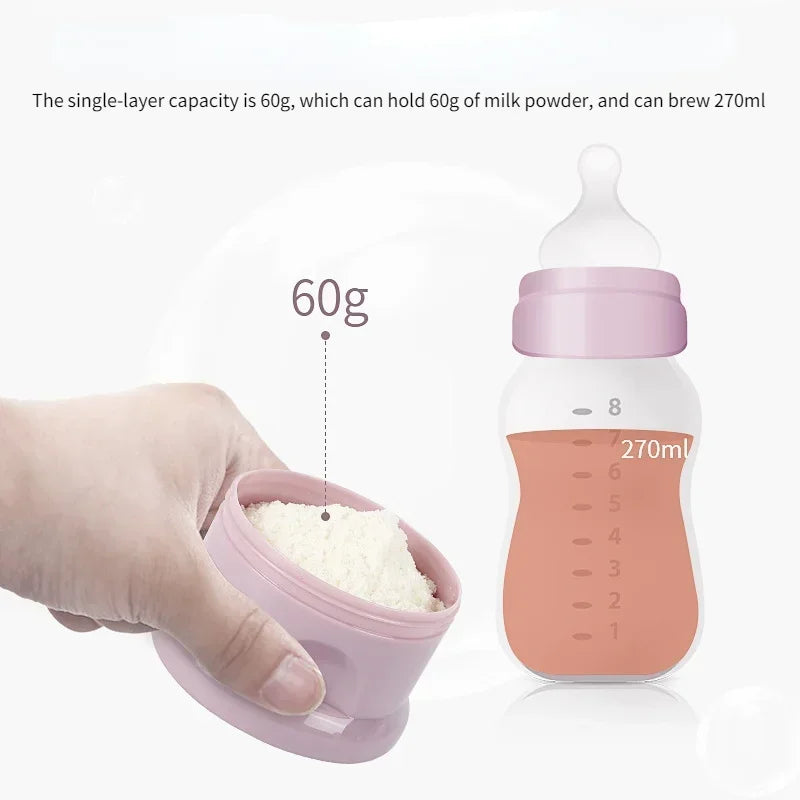 A hand holds a pink silicone food storage box containing white milk powder, next to a clear bottle showing 270ml capacity.