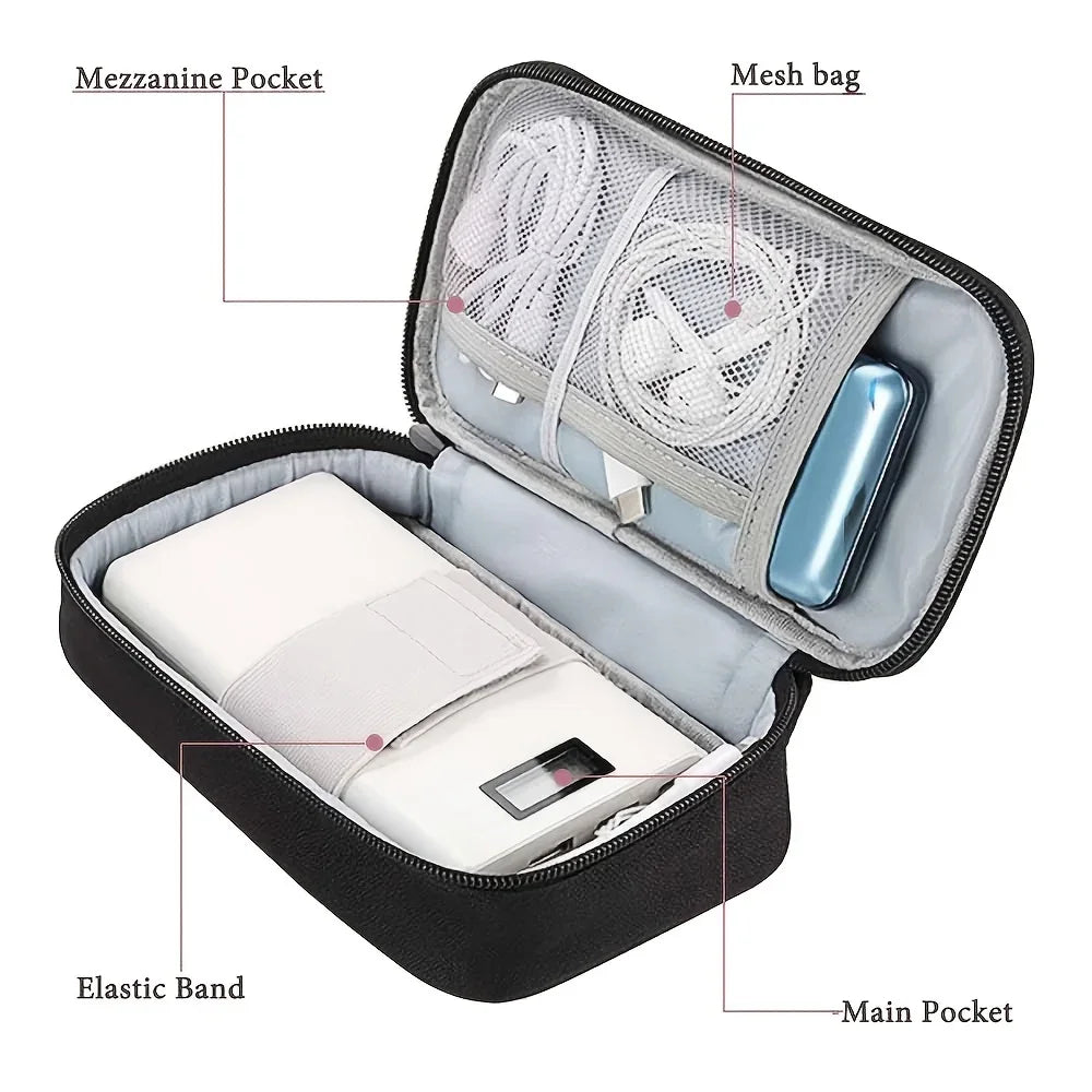 An open black organizer bag showing various compartments including a mesh bag, a mezzanine pocket, an elastic band, and a mai