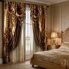 Pair of luxurious brown and gold Baroque print curtains framing a window in a bedroom setting.