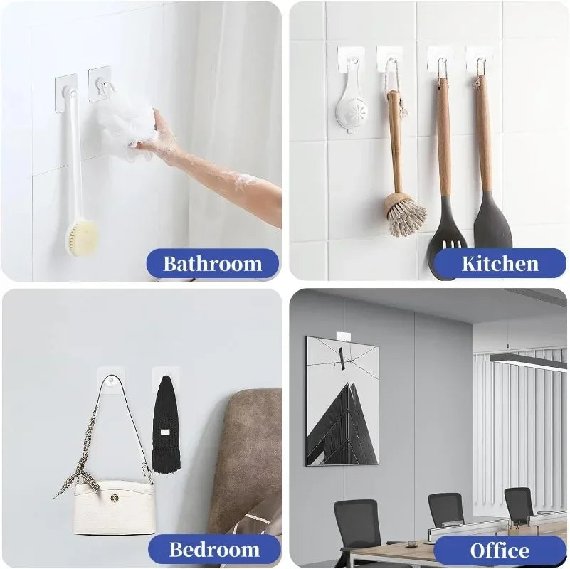 A collection of transparent self-adhesive wall hooks used for hanging various items like brushes, spatulas, and decorative ob