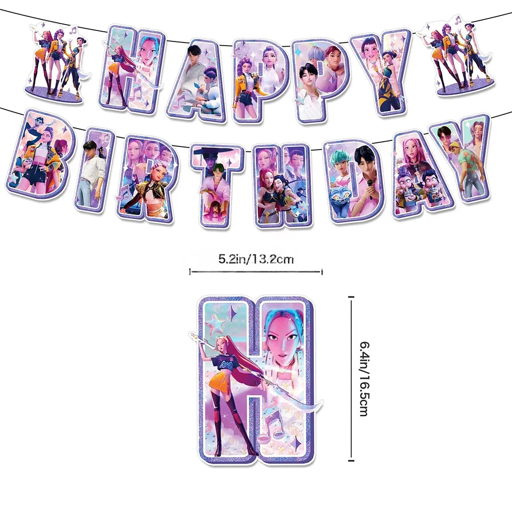 A set of K-Pop themed birthday party decor featuring various character photos and designs.