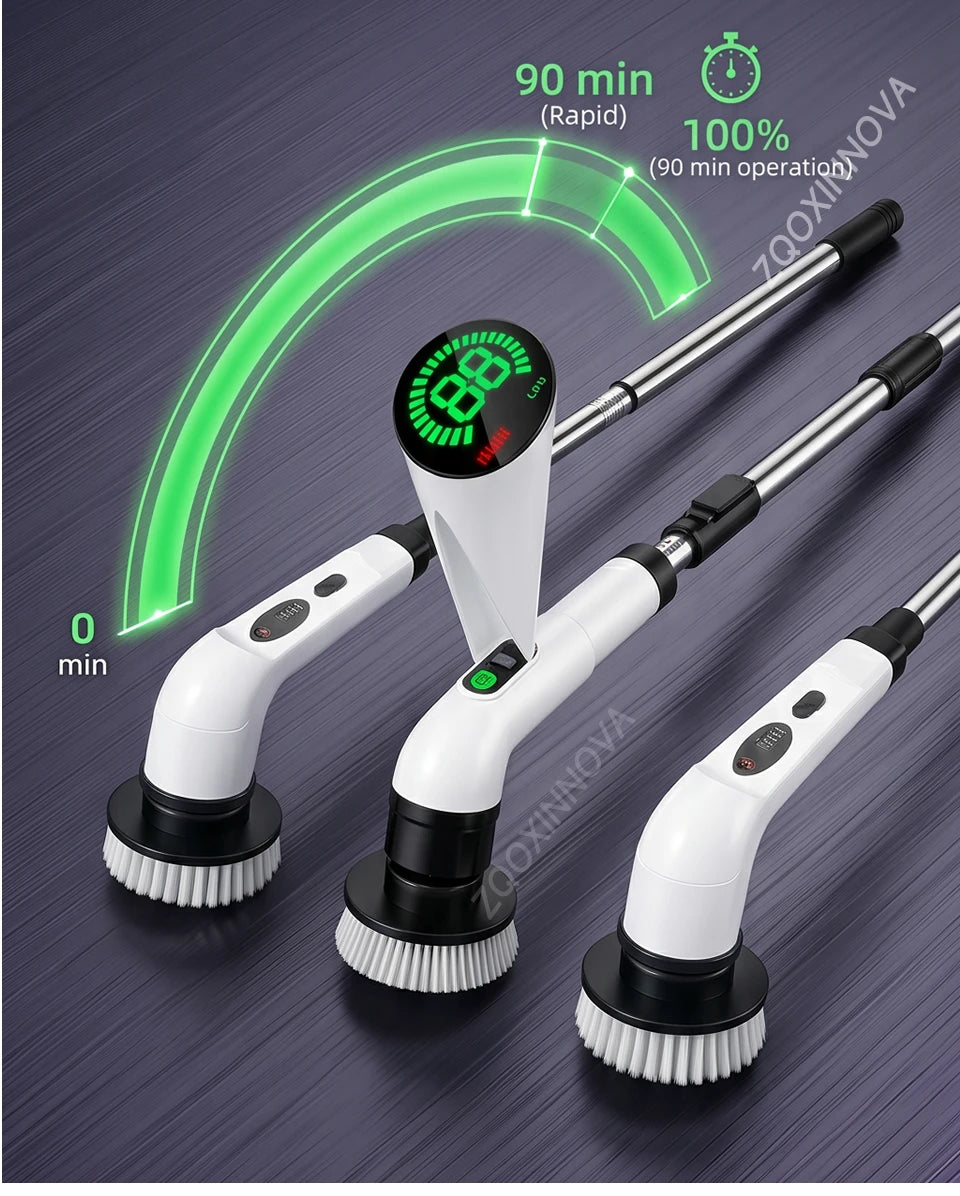 A white cordless electric spin scrubber with a green power indicator showing 90 minutes of rapid operation.