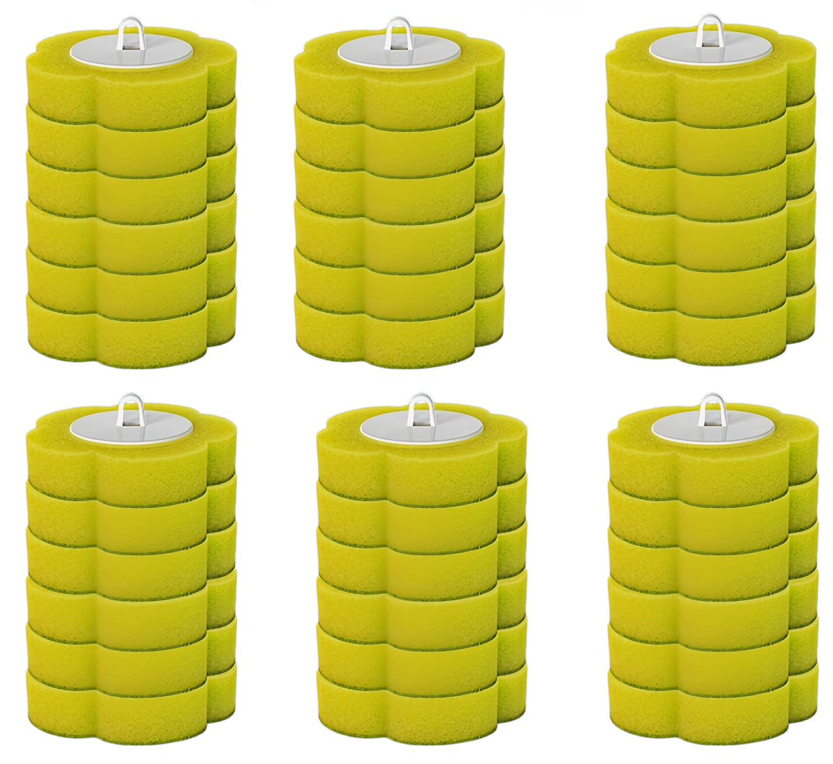 A set of yellow heavy-duty disposable toilet brushes with long handles shown in various orientations.