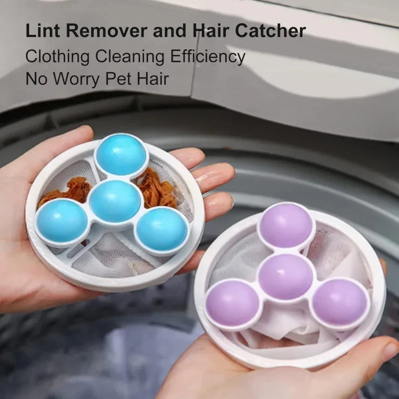 Hands hold a white lint remover and hair catcher with multiple colored silicone filters inside
