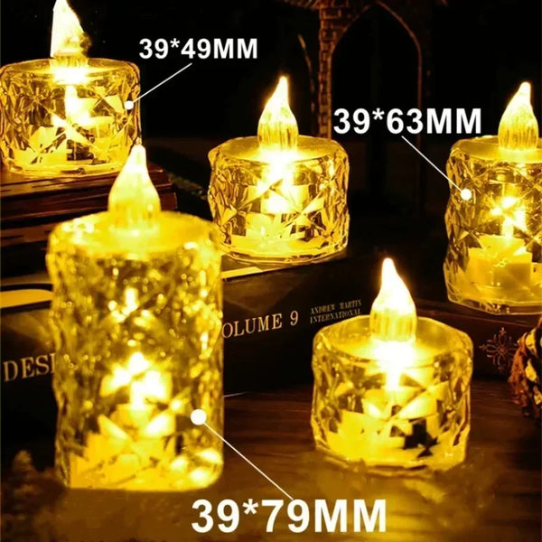 A collection of decorative crystal candle lights in various sizes and shapes, glowing warmly.
