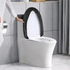 A white toilet with a black velvet seat and tank protectors installed in a bathroom setting.