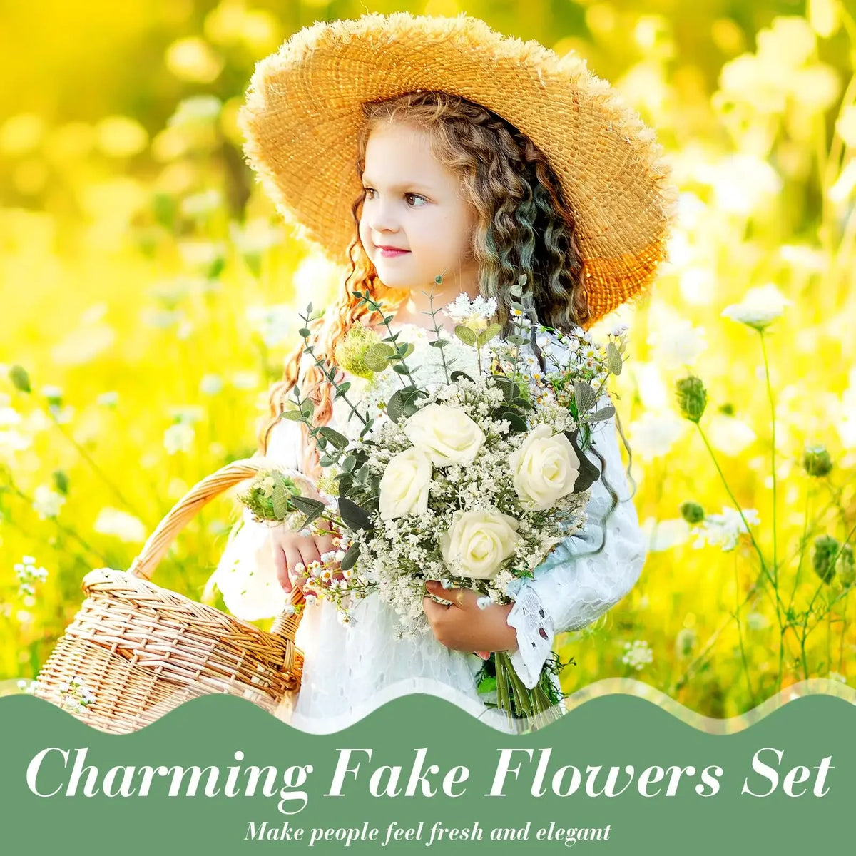 A young girl in a straw hat holds a bouquet of white fake flowers in a sunny yellow field.
