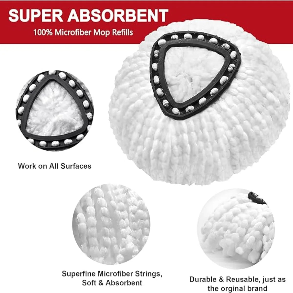 White microfiber mop refill with black trim and strings for cleaning surfaces