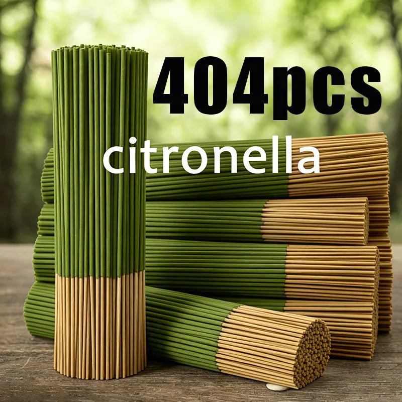 A stack of 404 pieces of citronella oil sticks in green and natural wood tones.