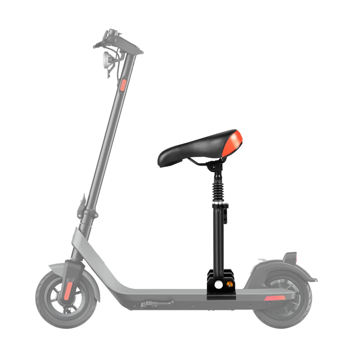 A gray electric scooter with an adjustable folding seat and front light.
