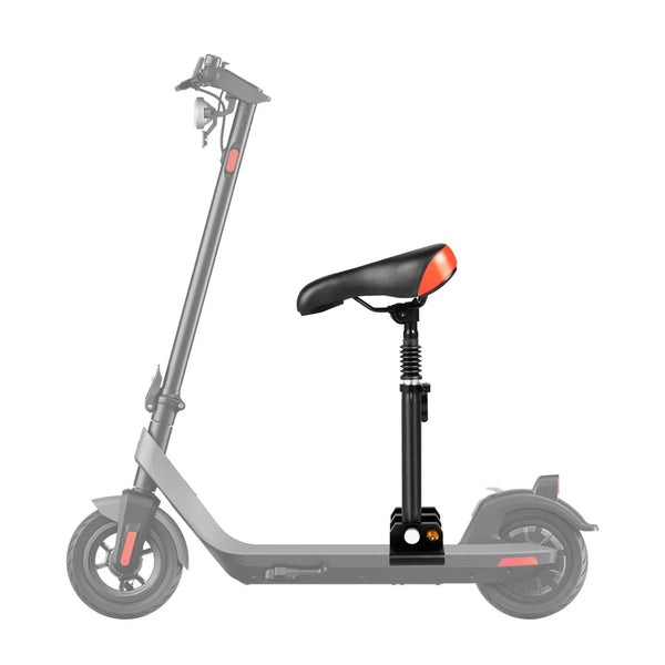A gray electric scooter with an adjustable folding seat and front light.