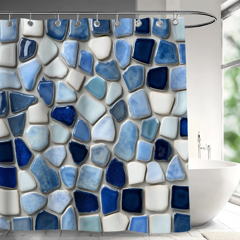 Abstract geometric line shower curtain featuring blue and white irregular stone-like tiles.