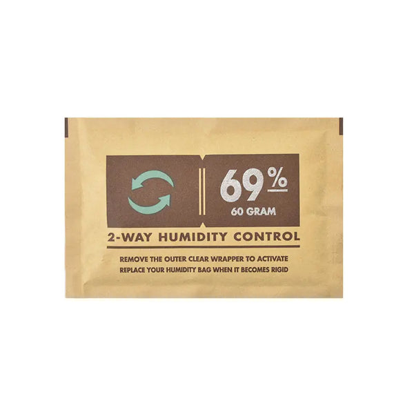 A brown paper bag for a 2-way humidity control pack showing a 69% humidity level and 60 gram capacity.