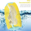 A yellow laundry bag filled with a shoe is shown being washed in water, demonstrating deep decontamination.