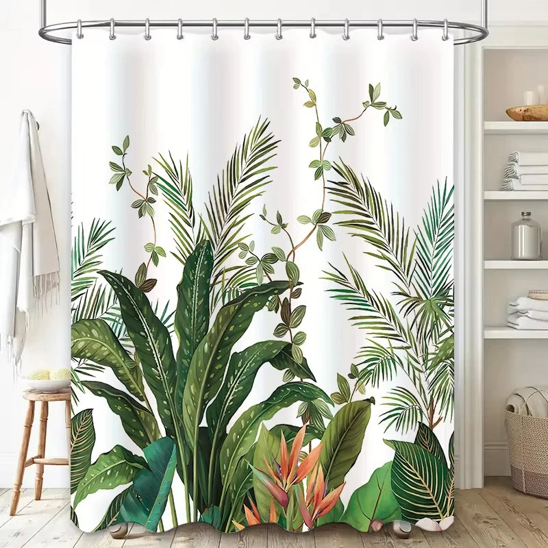 A floral butterfly shower curtain featuring a tropical garden design with lush green leaves and vines.