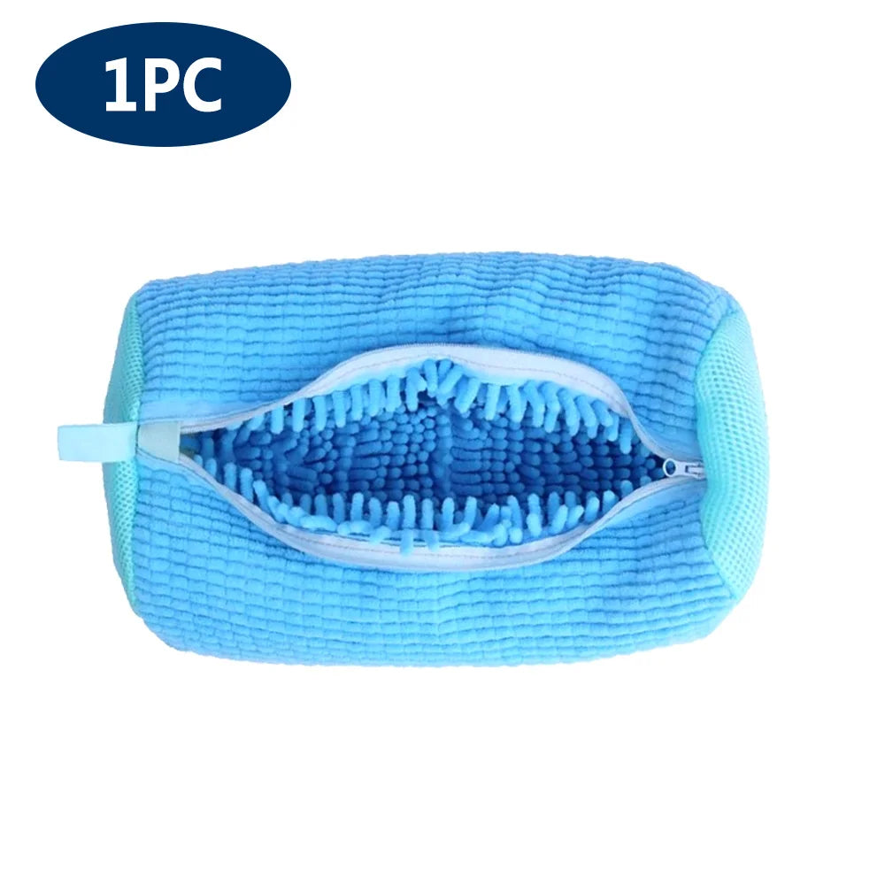 One reusable blue fabric shoe cleaning bag with a clear opening.