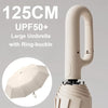 A large beige umbrella with a ring-buckle is shown next to its folded form.
