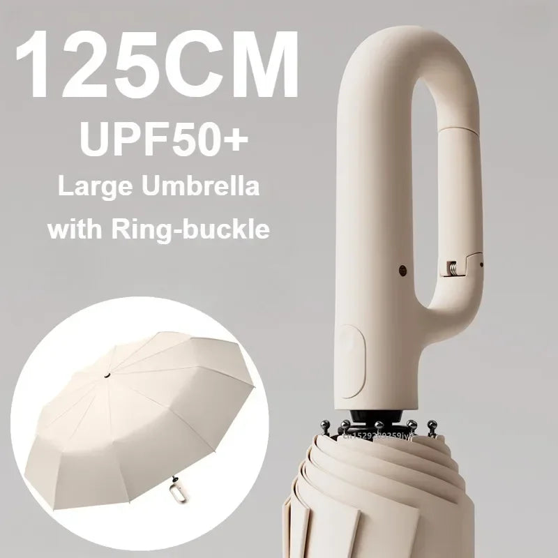 A large beige umbrella with a ring-buckle is shown next to its folded form.