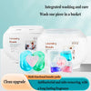 A set of multi-functional laundry beads in various colors are shown next to a white container for integrated washing and care