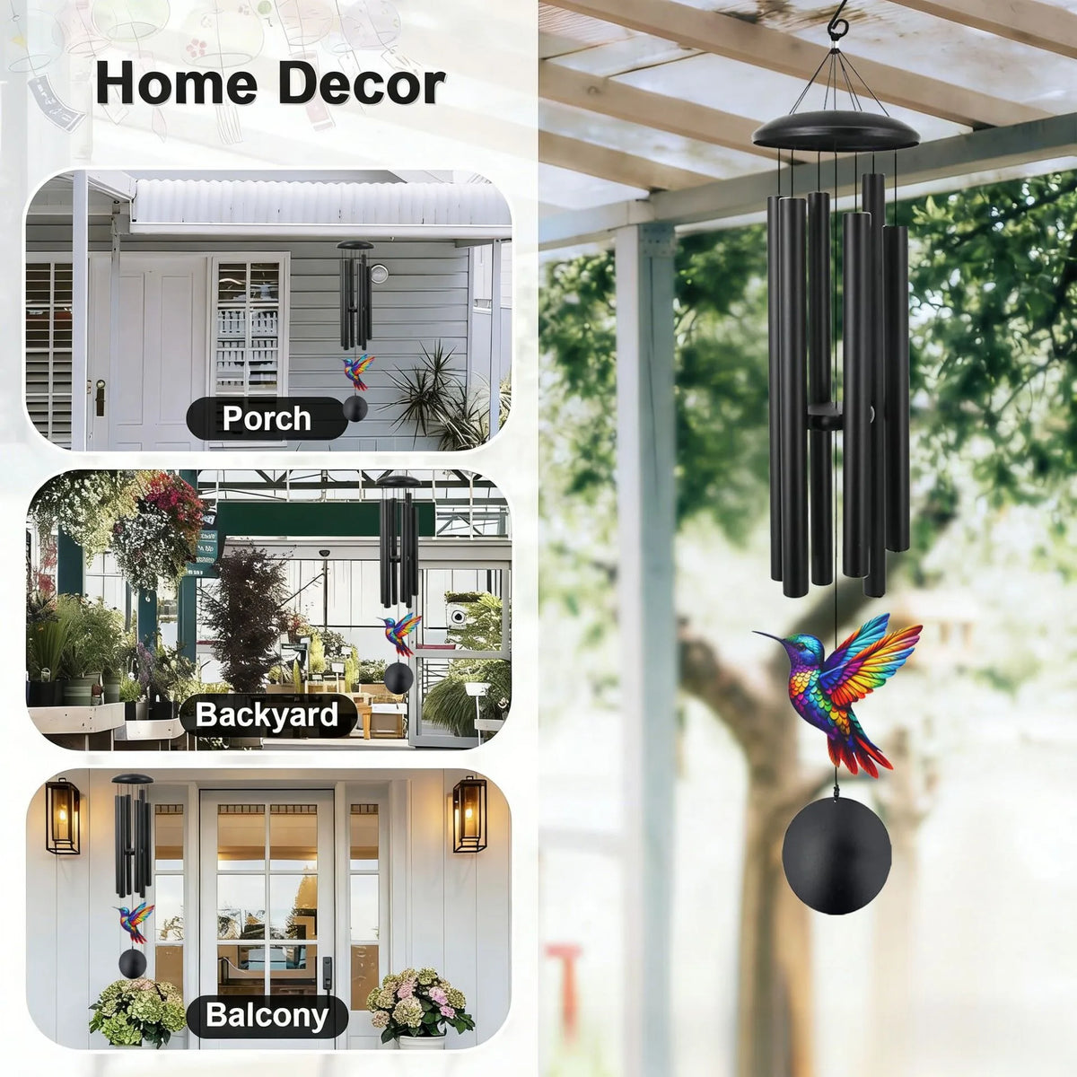 Handcrafted metal wind chime decoration shown in various outdoor settings including a porch, backyard, and balcony.