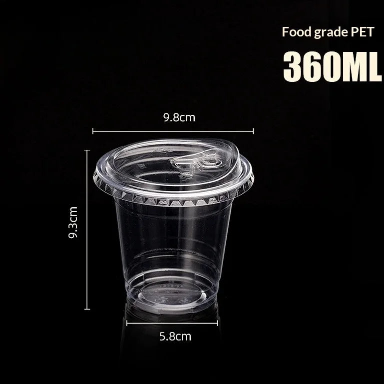 A clear food grade PET disposable coffee cup with a lid shown against a black background.