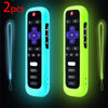 Two glow-in-the-dark silicone remote control covers in blue and lime green with lanyards