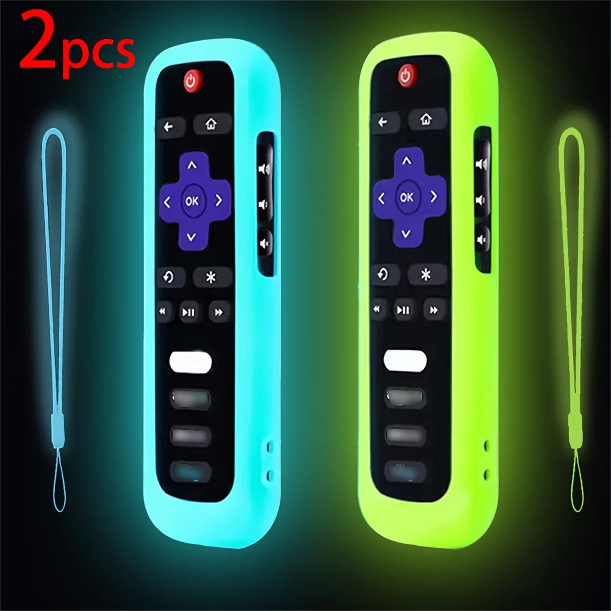 Two glow-in-the-dark silicone remote control covers in blue and lime green with lanyards