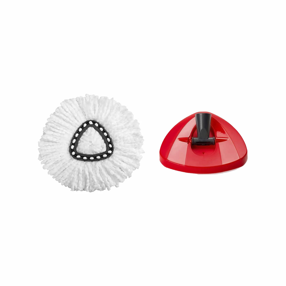 Red replacement mop head with a black triangular insert and white fibers.