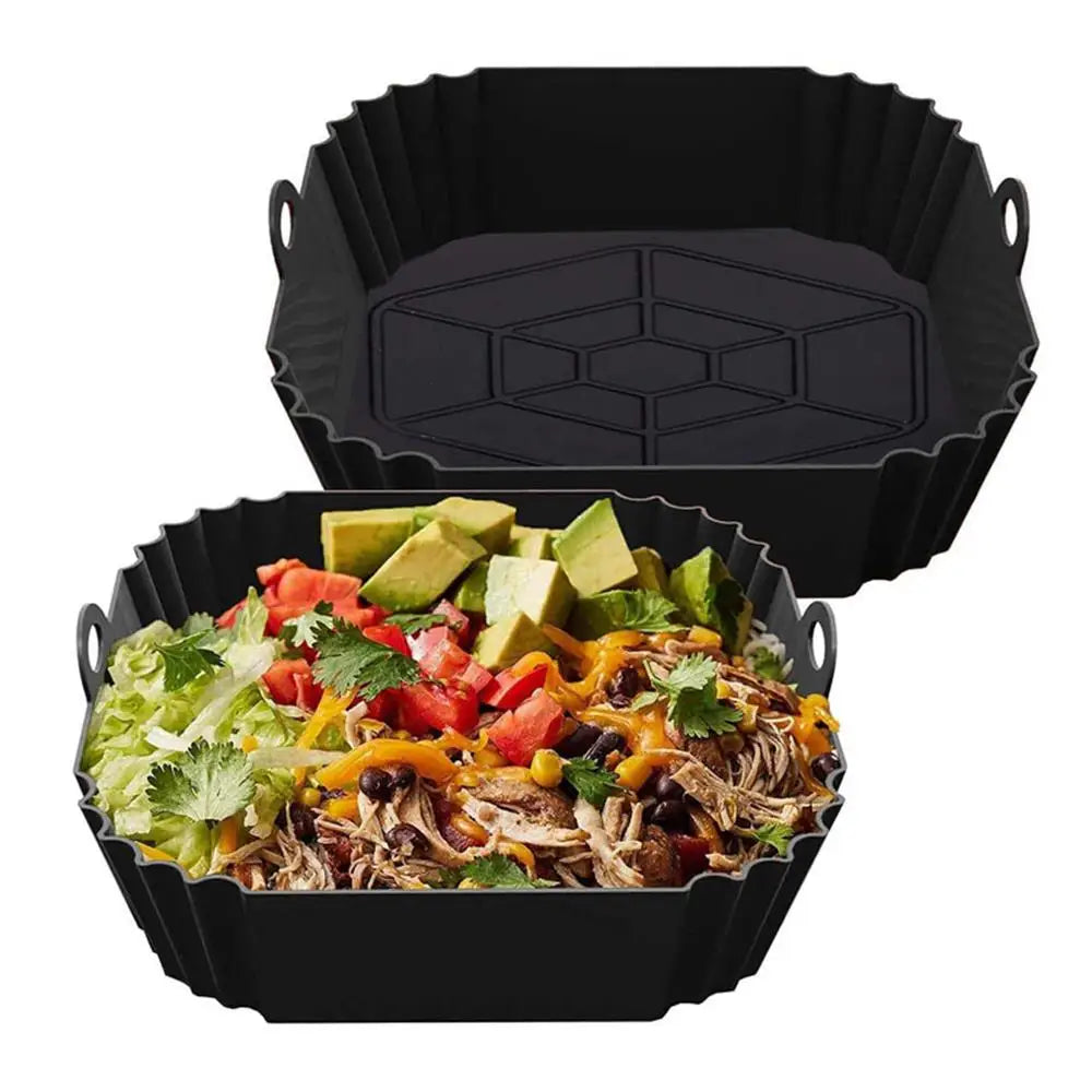 Black reusable silicone air fryer liner with a food-grade nonstick surface.