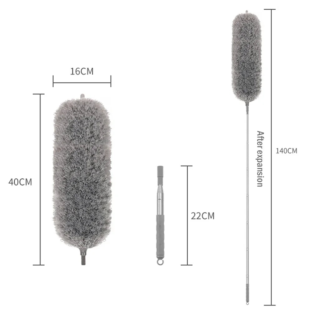 A long, fluffy gray microfiber duster with an extendable handle and a detachable head.
