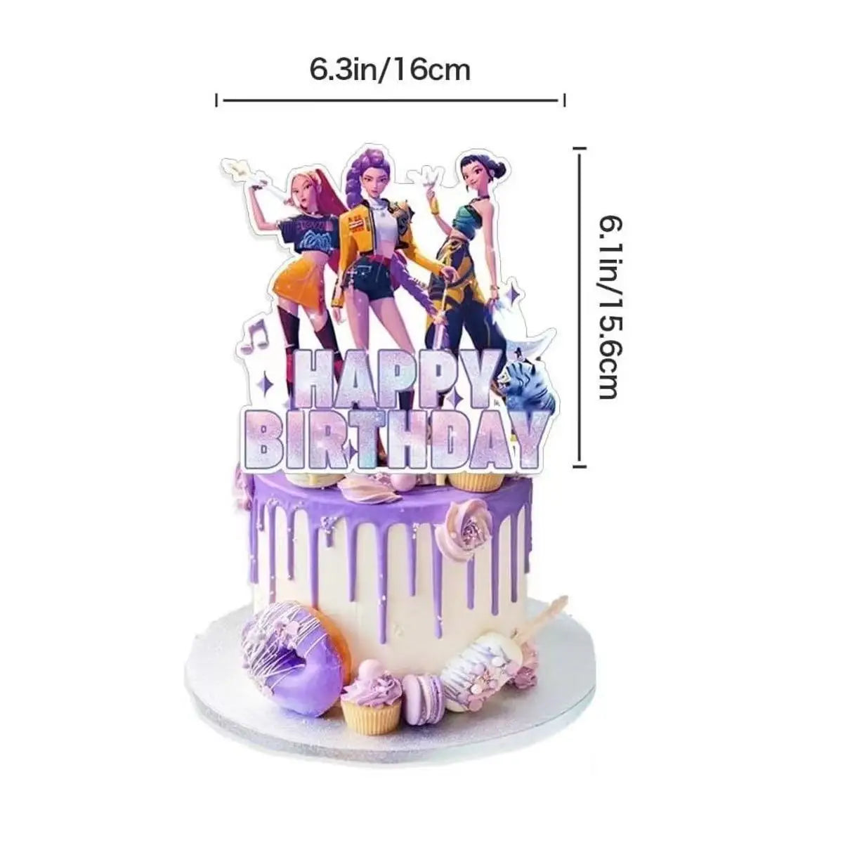 A set of K-Pop themed birthday party decor featuring a cake with purple frosting and decorative elements.