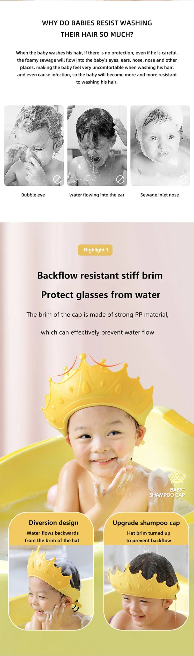 A yellow crown-shaped shampoo cap is shown on a baby's head, designed to prevent water from flowing backward.