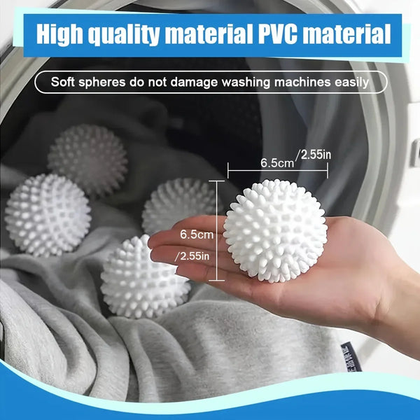 A hand holds a white silicone laundry ball next to a washing machine drum showing soft spheres for cleaning.