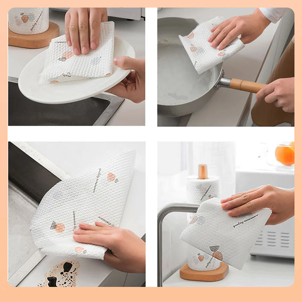 Hands are shown using a reusable non-woven kitchen dish cloth to clean a bowl.