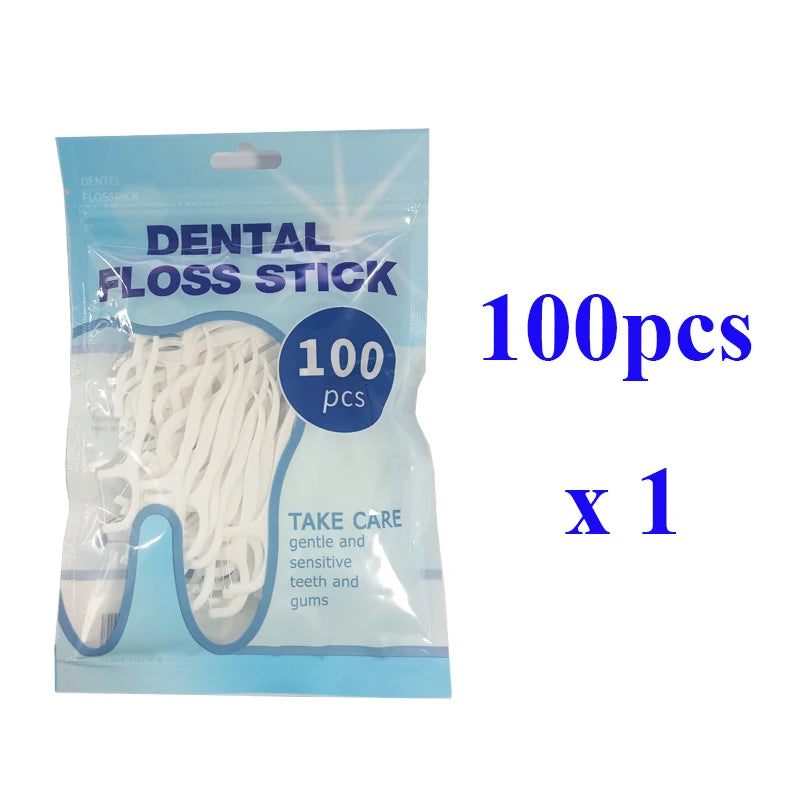 Eine Packung von 100 Zahnseide-Sticks in einer durchsichtigen Plastiktüte.