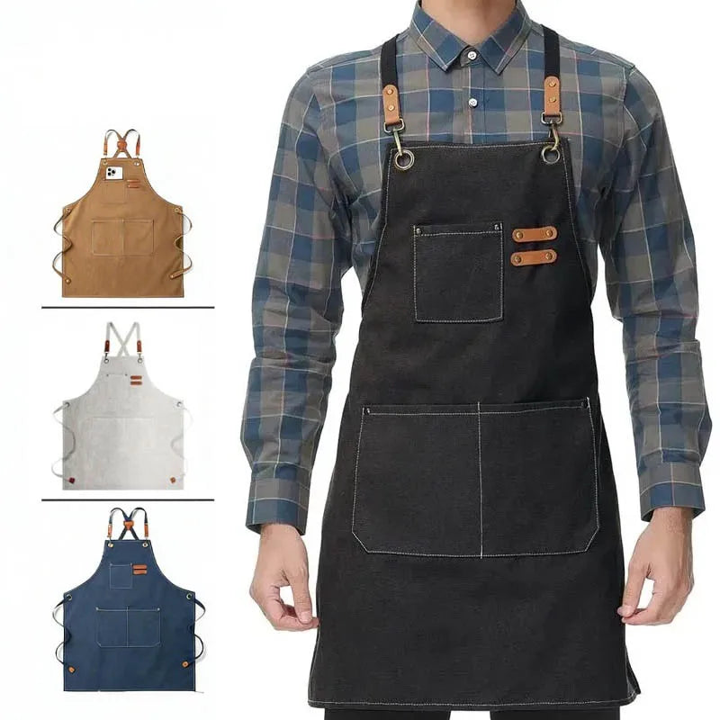 A dark gray plaid shirt worn by a person, featuring an olive green canvas apron with utility pockets.