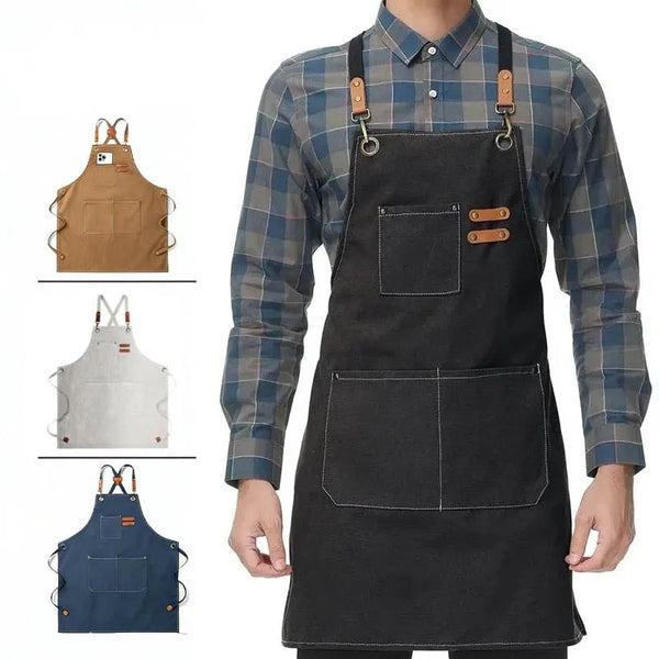 A dark gray plaid shirt worn by a person, featuring an olive green canvas apron with utility pockets.