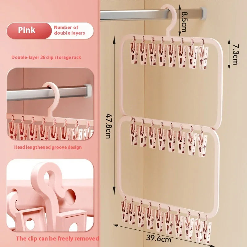 Pink multi-layer clip storage rack with a head-lengthened groove design for drying laundry and accessories