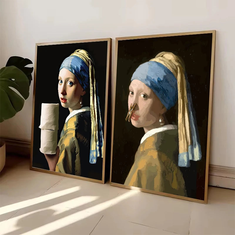 A framed oil painting depicting a woman wearing a blue headscarf and yellow garment.