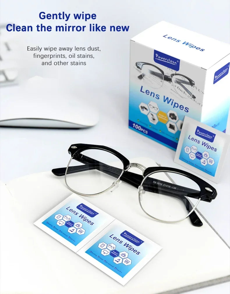 Box of Powerclean Lens Wipes next to a pair of eyeglasses and a white computer mouse.