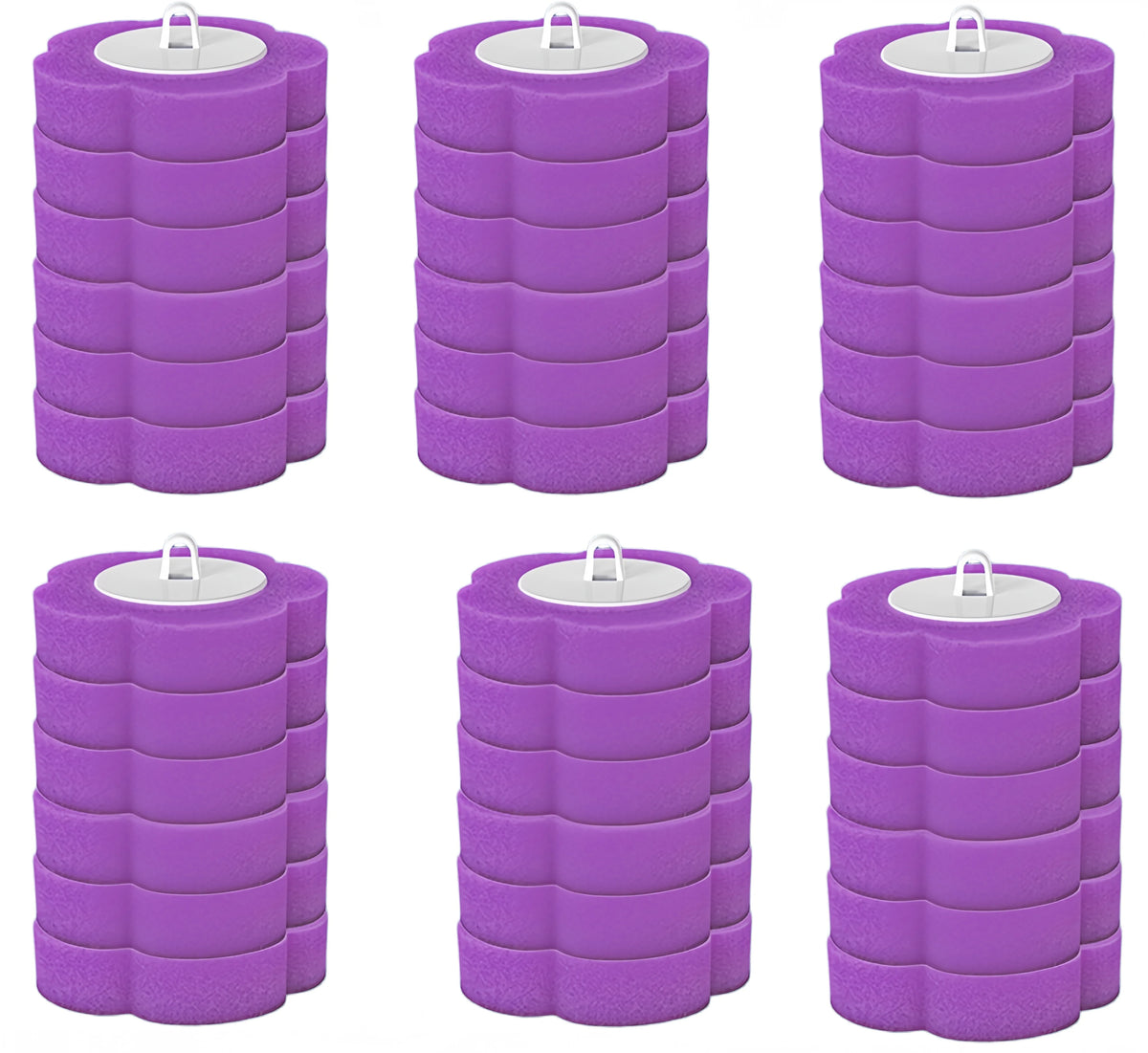 A set of purple, heavy-duty disposable toilet brushes with long handles.