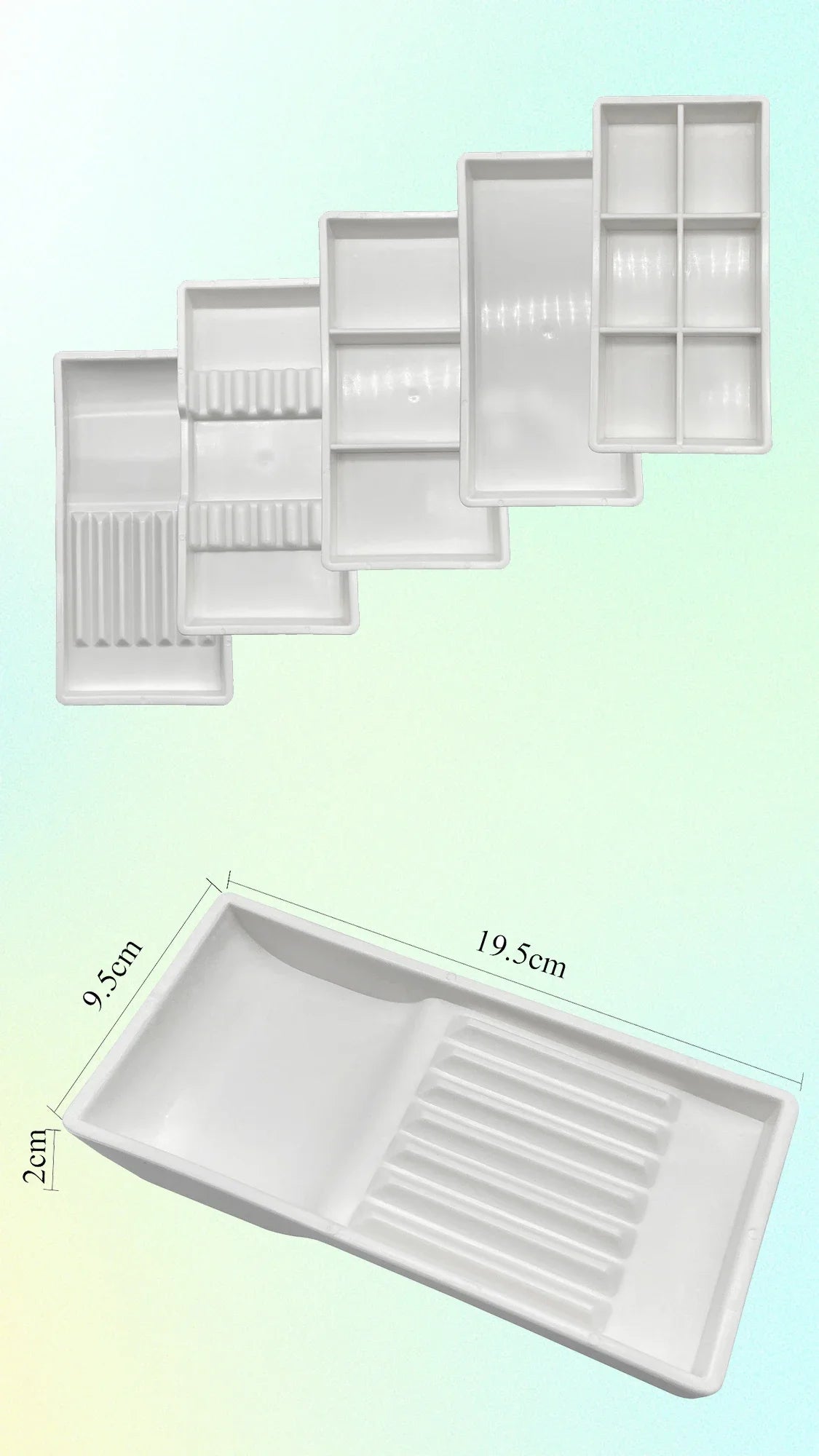 A white dental autoclavable cabinet tray organizer shown in various sizes and configurations arranged in a staggered layout.