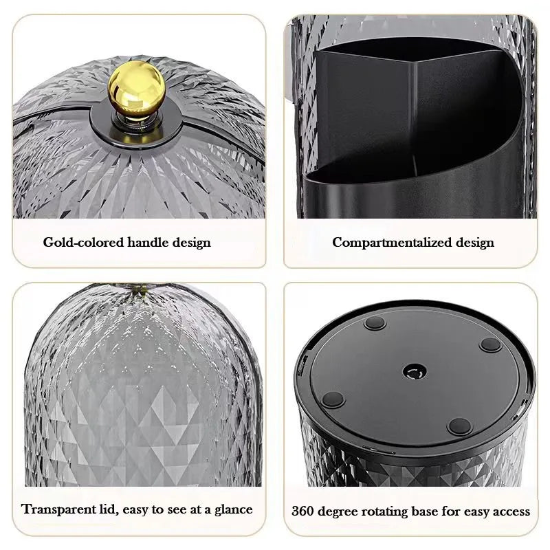 A 360-degree rotating makeup brush organizer featuring a gold-colored handle, compartmentalized design, and a transparent lid