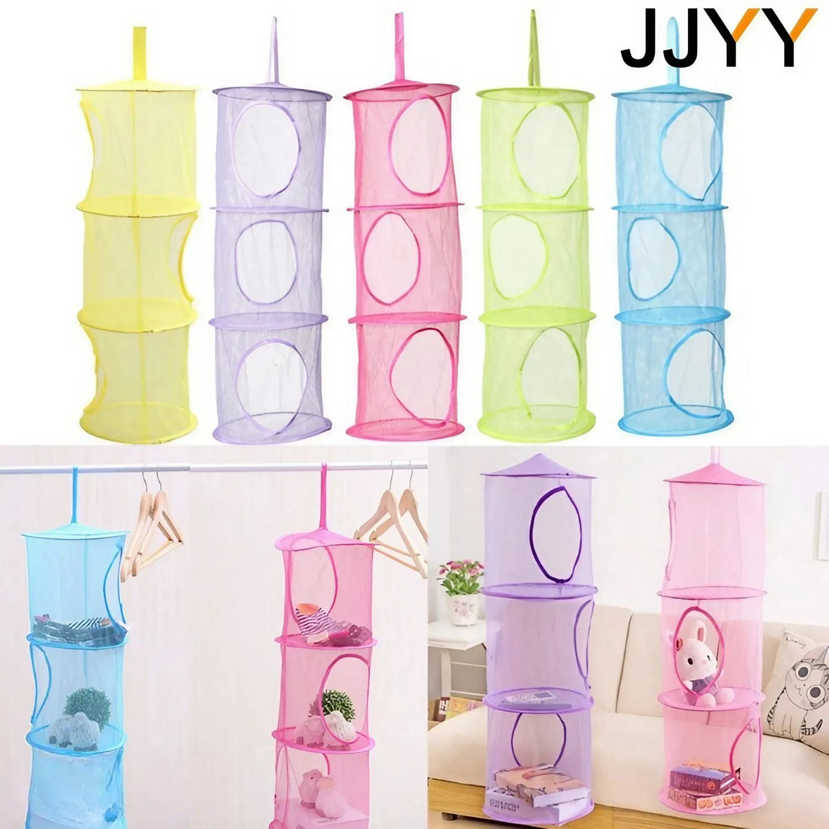 Multi-layer mesh hanging storage organizer in various pastel colors like yellow, purple, pink, and blue.